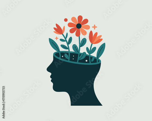 Silhouette of a human head with flowers and leaves growing inside
