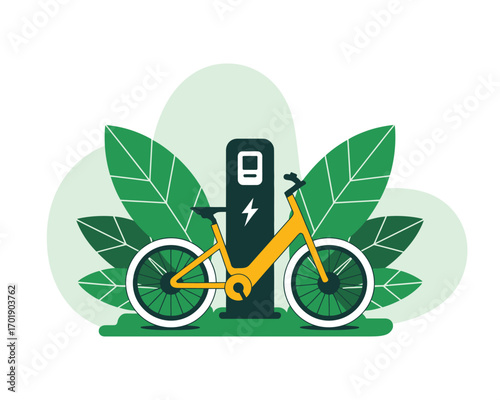 Yellow electric bicycle charging next to a modern charging station with green leaves