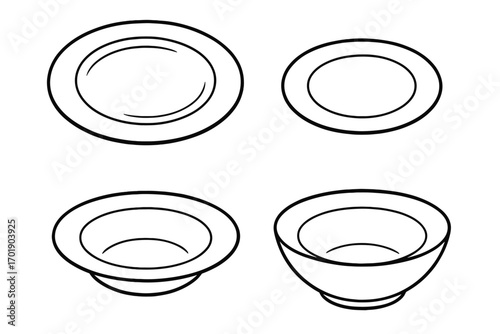 Line art icon set of plates and bowls. Minimalist outline vector illustration of empty dishware. Tableware and crockery collection for kitchen, cooking, or restaurant menu concept.