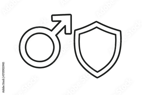 Men's health concept. Male gender symbol with shield. Man protection, defense and security. Vector illustration for prostate health, urology, andrology. Masculinity icon.