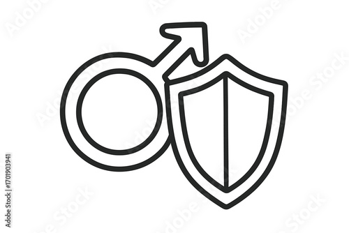 Men's health and protection concept. Male gender symbol with a shield icon. Vector line art for topics like insurance, security, defense, safety, and masculinity. Urology.