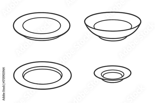 Plate and bowl line icon set. Vector collection of empty dishes. Minimalist outline kitchenware illustration. Graphic symbol for food, restaurant, cooking, tableware design.
