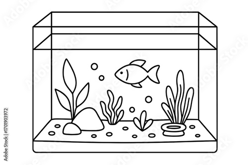 Aquarium line art vector illustration. Simple fish tank icon for coloring book page or app. Underwater pet life concept with fish, seaweed, and bubbles. Black and white doodle.