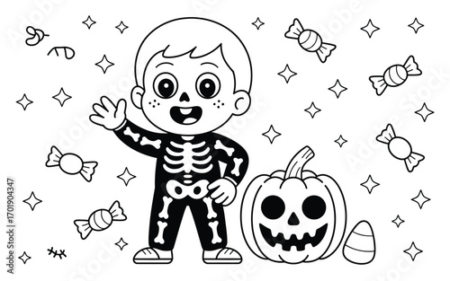 Cute skeleton boy waving hello next to jack o lantern and candy