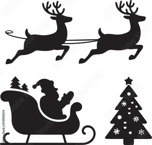 Silhouette of santa claus in his sleigh pulled by reindeer with a christmas tree