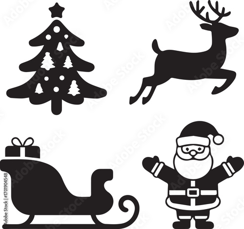 Christmas icons collection festive santa claus reindeer sleigh and decorated tree silhouette