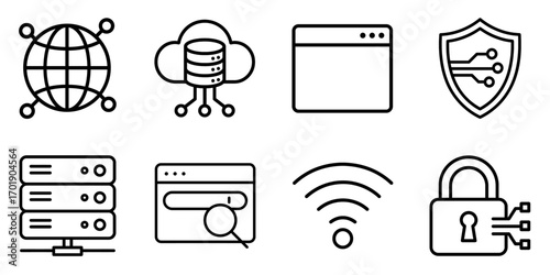 Technology and cybersecurity line icons set. internet, cloud computing, servers, web browser, WiFi, and secure data protection