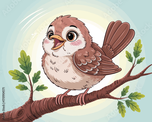 Cute cartoon sparrow bird sitting on a tree branch with cheerful expression