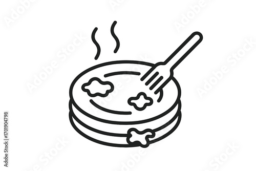 Minimalistic thin line icon of dirty plate with fork and food stains, plate wash concept for web, graphic design, apps, banners, social networks, and cards, vector cartoon illustration