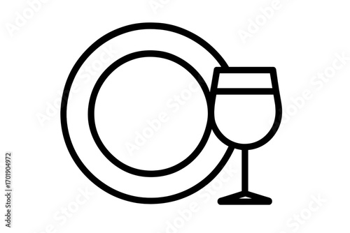 Clean plate and wine glass icon, thin line isolated vector illustration for web, books, cards, apps, transparent background, kitchenware, dining, tableware, crockery, ordered set