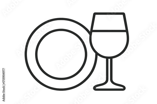 Thin line icon of plate and wine glass isolated for websites, books, cards, apps, vector cartoon illustration, transparent background, ordered set, dining, tableware concept