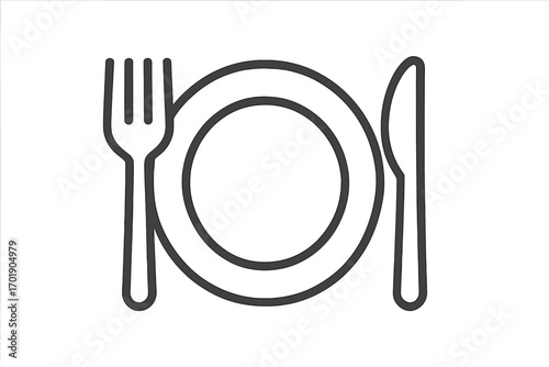 Clean plate with fork and knife outline sign, vector cartoon illustration for graphic design, web icons, apps, adverts, restaurant menus, kitchen and dining concept, ordered set symbol