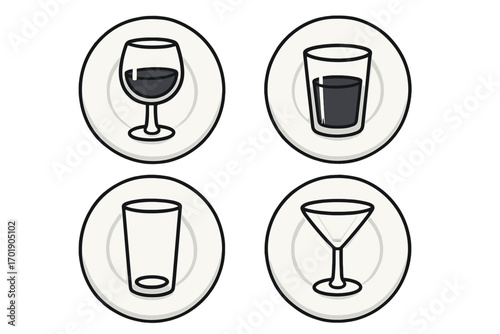 Set of thin line icons with plate and different cup styles for websites, books, cards, apps. Vector cartoon illustrations with transparent background, minimal design