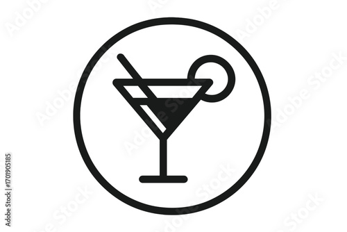 Minimalistic Cocktail Glass Icon with Plate, Line Art Vector Illustration for Web Design, Apps, Social Media, Banners, Cards, Transparent Background
