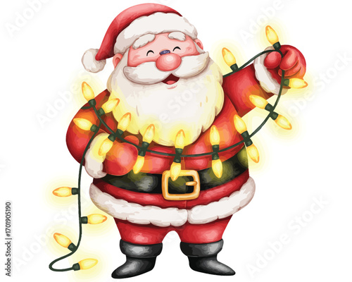 Santa claus tangled in festive christmas lights
