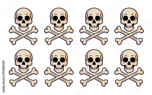 Eight cartoon skulls and crossbones pirate symbols on white background
