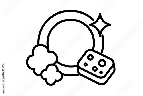 Stack of clean plates outline symbol, dishwashing, kitchenware, tableware, vector cartoon illustration for graphic design, apps, adverts, cards, ordered set with sparkle and soap bubbles