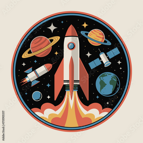 Retro style rocket launch with planets and stars in outer space