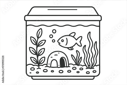 Aquarium symbol vector illustration, cartoon fish tank with water, aquatic plant decorations, underwater habitat, fish bowl icon for apps and graphics, transparent background, aquatic life design