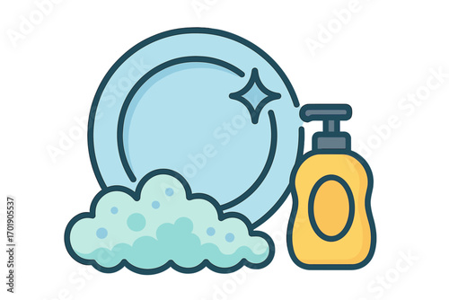 Clean dishwashing concept with sparkling plate, soap bottle and soap foam, kitchen hygiene, washing utensils, home cleaning vector illustration, cartoon style