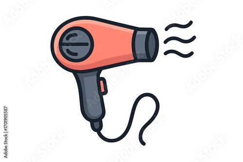 Vector cartoon illustration of hair dryer symbol with transparent background. Hairdryer icon for graphics, apps, beauty, salon, styling, hair care concept, electric blow dryer tool.