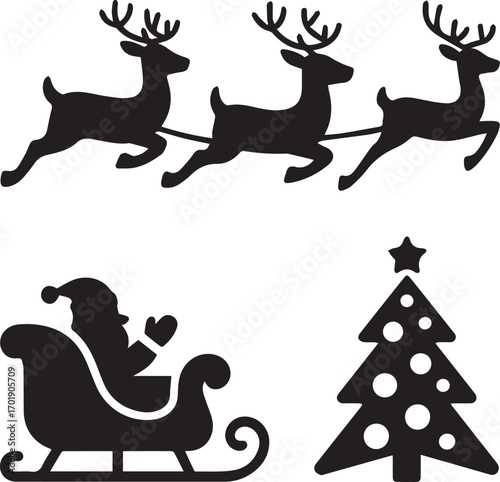 Classic christmas silhouette of santa claus in a sleigh pulled by reindeer with a decorated tree