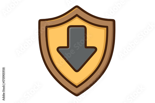 Shield with down arrow icon. Secure download, data protection, safety concepts. Antivirus, firewall symbol. Defense, security badge. Failure, loss, decrease sign. Vector.