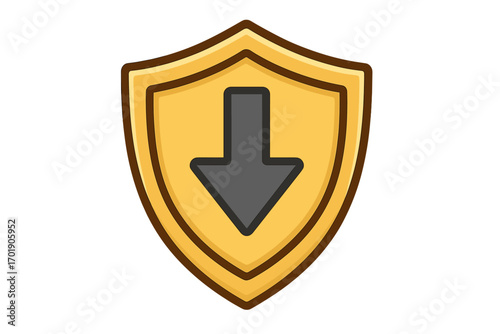 Secure download icon with shield and arrow. Safety data protection symbol. Antivirus security concept for safe internet connection. Web defense vector cartoon illustration.