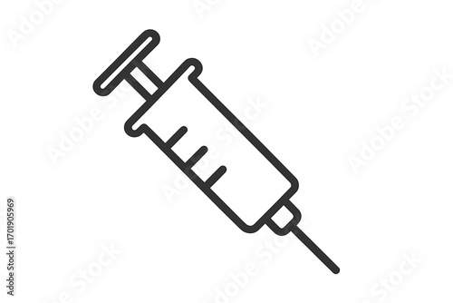 Syringe outline icon vector, medical injection symbol, healthcare design element, vaccine illustration, simple black line art, transparent background, graphic and web design asset
