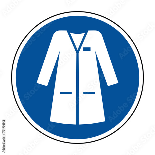 Wear Laboratory Coat Safety Sign – Mandatory Protective Garment Symbol for Cleanrooms, Medical Labs, Industrial Hygiene, Public Safety, Civic Signage – High-Quality Vectorial Image