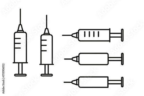 Syringe outline linear icon set, vector medical syringe illustration, injection therapy symbol, vaccine needle graphics for healthcare design, apps, adverts, cards