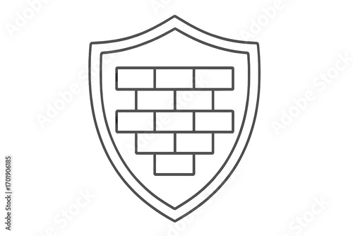 Firewall shield icon with brick wall. Thin line vector illustration. Metaphor for security, protection, safety, and defense. Network data privacy and system protection concept.