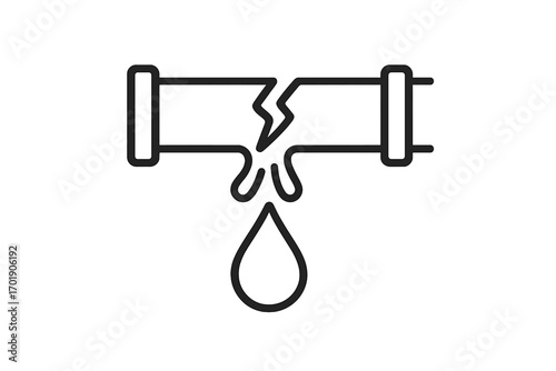 Broken pipe icon with water leak. Vector illustration of a cracked pipeline dripping water. Concept for plumbing service, emergency repair, damage, burst pipe, leakage problem.