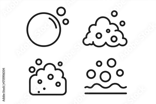 Bubble and foam linear icon set. Soap suds, lather, and fizz symbols. Vector pictograms for cleaning, wash, and hygiene concepts. Effervescent water or carbonated drink.