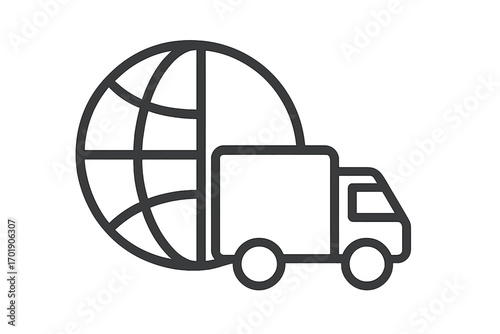 Worldwide shipping and global logistics vector outline icon. International delivery service with truck and globe symbol. Freight transport concept for web, app, and business.