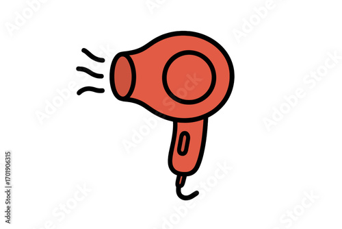 Thin icon of red hair dryer blowing air, vector illustration for hair styling, beauty concept, bathroom appliance, personal care device, transparent background