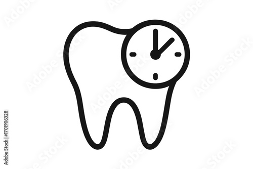 Dental appointment time concept. Tooth with clock icon. Oral health care symbol. Dentist visit schedule metaphor. Stomatology, odontology vector outline pictogram for web design.