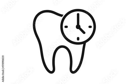 Dental appointment time icon. Tooth with clock vector symbol. Stomatology schedule concept. Oral hygiene timer. Dental check-up reminder. Dentistry linear pictogram.