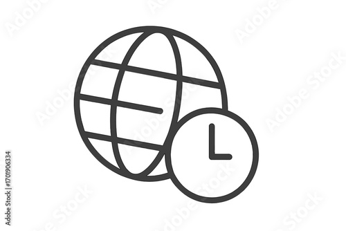 World time zone line icon. Global business clock, international time management concept. Earth globe with watch symbol for web, app, logo. Worldwide 24-hour service vector.