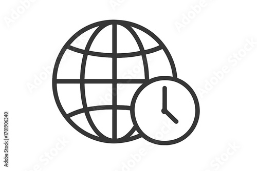 World time zone icon. Global time, international clock symbol. Earth globe with watch pictogram. Worldwide business, travel, and communication concept for web design, apps.