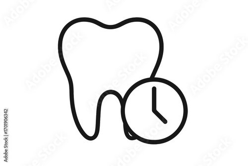 Dental appointment time concept. Tooth with clock icon. Oral hygiene schedule. Regular checkup reminder. Dentistry and healthcare symbol. Vector line art illustration.