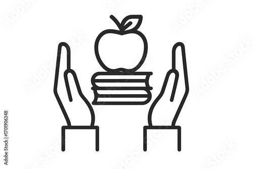 Education and knowledge icon with hands holding books and an apple. Symbol of learning, school, wisdom, library, and study. Teacher support concept. Clean vector line art illustration.
