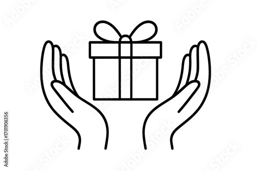 Hands holding gift box line icon. Giving a present with love and care concept. Charity, donation, support symbol. Celebration, surprise, birthday vector illustration.