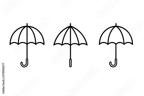 Set of three umbrella icons, parasol and bumbershoot vector graphics, editable stroke cartoon illustrations for designs, books, adverts, app backgrounds, transparent