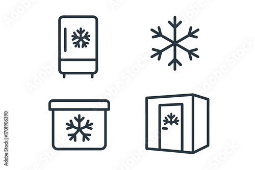 Cold storage icon set. Thin line art of freezer, refrigerator, and cold room. Vector symbols for freezing, preservation, and cooling. Snowflake, icebox, and warehouse.