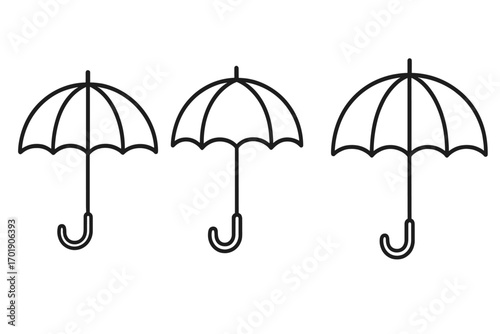 Umbrella icon set illustration, parasol and bumbershoot vector graphics, editable stroke design for apps, books, adverts, cartoon style transparent background, collection of three