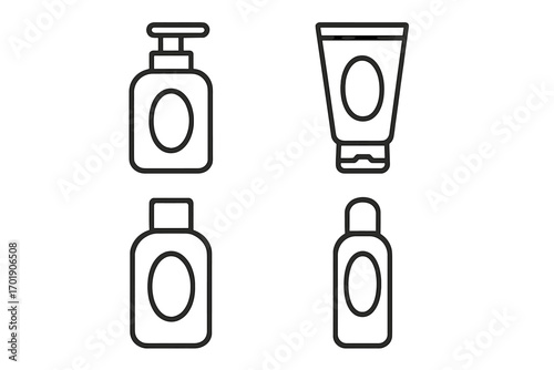 Cosmetic bottle line icon set. Skincare packaging pictogram collection. Cream tube, lotion dispenser, shampoo container outline symbols for web and graphic design. Vector.