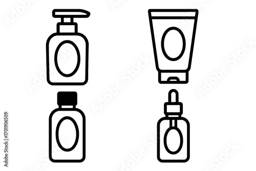 Cosmetic bottle line icon set for beauty and skincare products. Vector illustration of containers for cream, lotion, serum, shampoo, gel, and oil. Minimalist packaging symbols.
