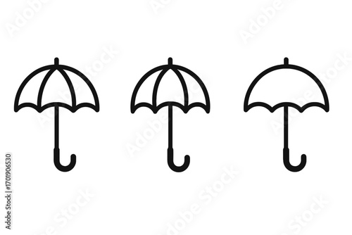 Umbrella parasol bumbershoot outline icons set, vector cartoon illustration, transparent background, rain protection symbols, weather elements, graphic design assets for apps, books, adverts