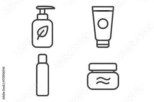Cosmetic bottle line icon set. Skincare beauty product package outline symbols. Natural organic lotion, cream tube, and jar container. Minimalist vector pictogram collection.